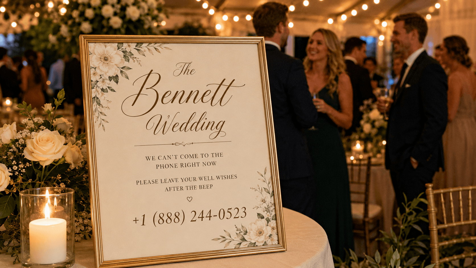 Guests at the Bennett wedding reception beside a framed sign inviting them to call and leave a voicemail