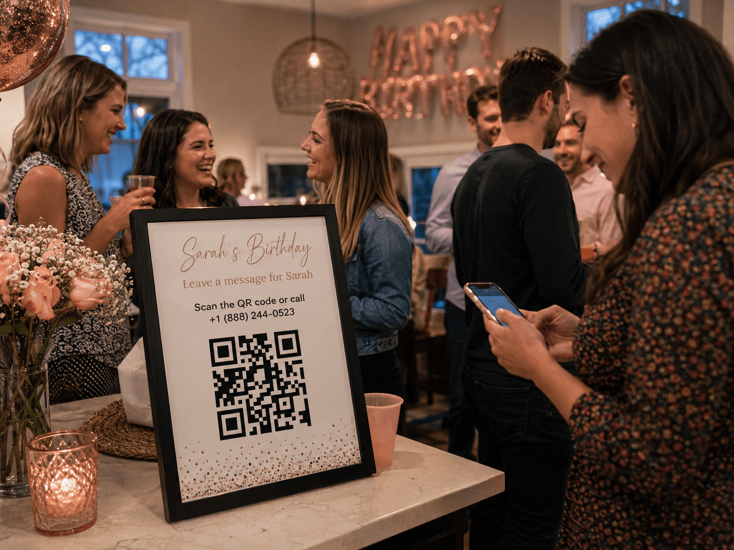 Friends at Sarah's birthday party scanning a framed QR sign to leave her a voicemail message